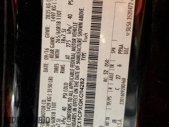 2016 Ford F-150 XL with VIN 1FTEX1CPXGKG04282, listed as a Copart auction lot 52522565 with 167,022 mi miles and Salvage title. Bid and sale history available at DreamBid. Image 12.