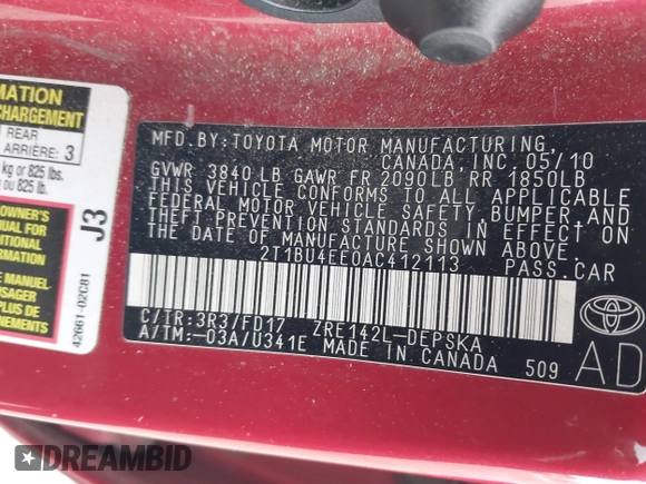 2010 Toyota Corolla with VIN 2T1BU4EE0AC412113, listed as a IAAI auction lot 42072746 with 210,344 mi miles. Bid and sale history available at carsss.com. Image 9.