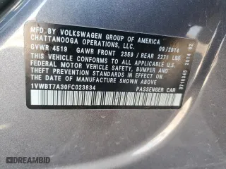 2015 Volkswagen Passat 1.8T Sport with VIN 1VWBT7A30FC023834, listed as a Copart auction lot 48338425 with 82,647 mi miles and Salvage Title. Bid and sale history available at carsss.com. Image 13.
