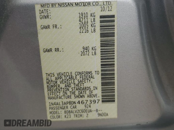 2013 Nissan Altima SL with VIN 1N4AL3AP8DN467397, listed as a Copart auction lot 55854865 with 114,211 mi miles and Salvage title. Bid and sale history available at DreamBid. Image 12.