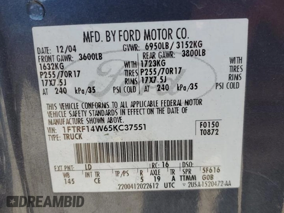 2005 Ford F-150 XL with VIN 1FTRF14W65KC37551, listed as a Copart auction lot 80317184 with 191,768 mi miles and Salvage title. Bid and sale history available at DreamBid. Image 13.