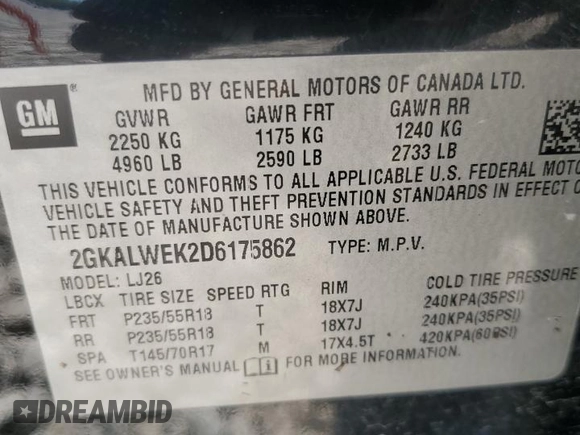 2013 GMC Terrain SLT with VIN 2GKALWEK2D6175862, listed as a Copart auction lot 52922015 with 89,361 mi miles and Salvage title. Bid and sale history available at DreamBid. Image 13.