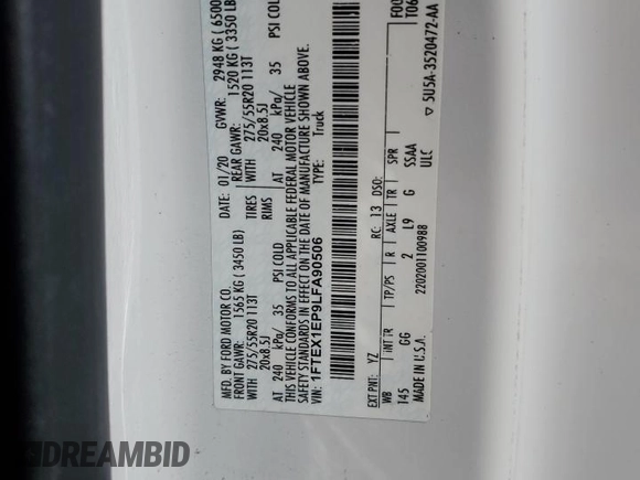 2020 Ford F-150 XL with VIN 1FTEX1EP9LFA90506, listed as a Copart auction lot 48475995 with 107,709 mi miles and Salvage Title. Bid and sale history available at carsss.com. Image 15.