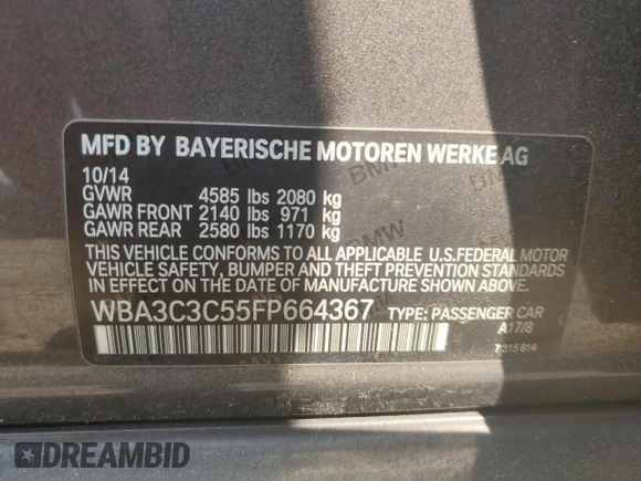 2015 BMW 3 Series 320i xDrive with VIN WBA3C3C55FP664367, listed as a Copart auction lot 60689755 with 73,436 mi miles and Clean title. Bid and sale history available at DreamBid. Image 12.