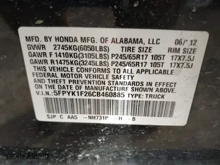 2012 Honda Ridgeline RT with VIN 5FPYK1F26CB460885, listed as a IAAI auction lot 41512443 with 179,624 mi miles. Bid and sale history available at carsss.com. Image 9.
