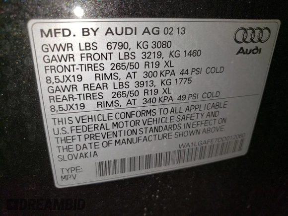 2013 Audi Q7 Premium Plus с VIN WA1LGAFE7DD012060, выставлен на аукционе Copart как лот 61245455 с пробегом 95 833 миль миль и Списание • Salvage title. История ставок и продаж доступна на DreamBid. Изображение 13.
