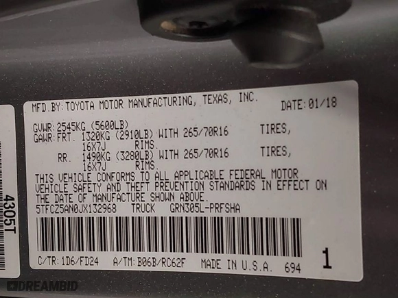 2018 Toyota Tacoma SR with VIN 5TFCZ5AN0JX132968, listed as a IAAI auction lot 41605762 with 106,233 mi miles. Bid and sale history available at carsss.com. Image 9.
