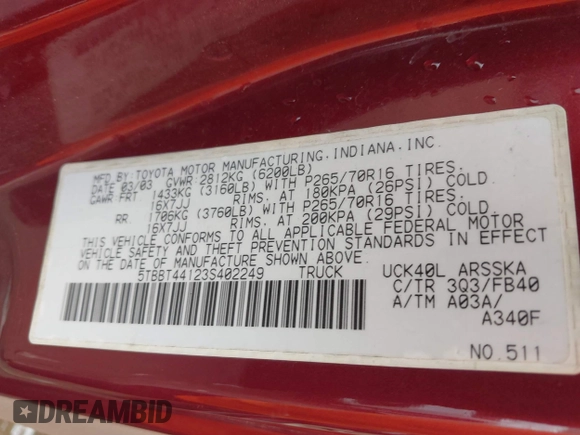 2003 Toyota Tundra SR5 with VIN 5TBBT44123S402249, listed as a IAAI auction lot 42163543 with 146,694 mi miles and . Bid and sale history available at DreamBid. Image 9.