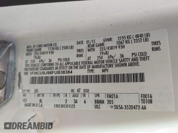 2015 Ford Escape Titanium с VIN 1FMCU9J98FUB38384, выставлен на аукционе IAAI как лот 42422326 с пробегом 120 358 миль миль и . История ставок и продаж доступна на DreamBid. Изображение 9.
