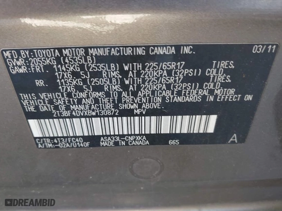 2011 Toyota RAV4 with VIN 2T3BF4DVXBW130872, listed as a IAAI auction lot 41757637 with 166,776 mi miles. Bid and sale history available at carsss.com. Image 9.