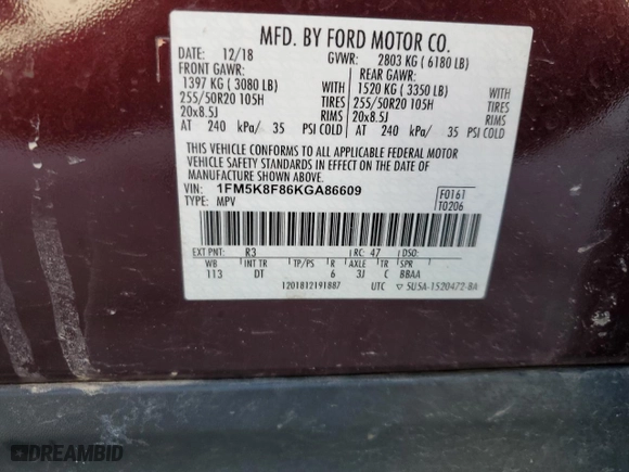 2019 Ford Explorer Limited with VIN 1FM5K8F86KGA86609, listed as a Copart auction lot 47983495 with 92,303 mi miles and Salvage Title. Bid and sale history available at carsss.com. Image 13.