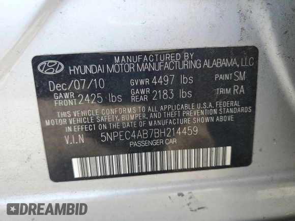 2011 Hyundai Sonata Limited with VIN 5NPEC4AB7BH214459, listed as a Copart auction lot 54183485 with 159,858 mi miles and Salvage Title. Bid and sale history available at DreamBid. Image 12.