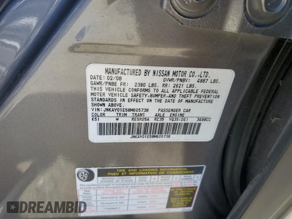 2008 Infiniti M z VIN JNKAY01E58M605738, wystawiony jako Copart lot #80162874 z przebiegiem Nie podano mil oraz Szkoda całkowita • Salvage title. Historia ofert i sprzedaży dostępna na DreamBid. Obrazek 12.