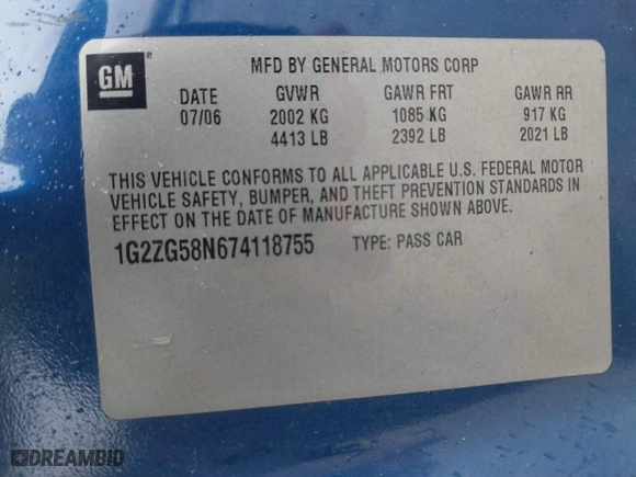 2007 Pontiac G6 with VIN 1G2ZG58N674118755, listed as a IAAI auction lot 41308253 with 165083 miles. Bid and sale history available at carsss.com. Image 9.