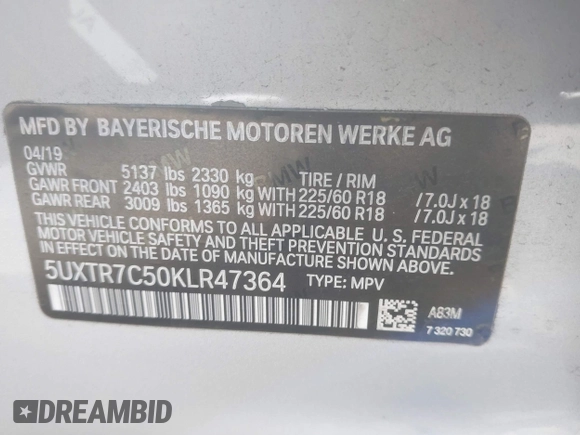 2019 BMW X3 sDrive30i with VIN 5UXTR7C50KLR47364, listed as a IAAI auction lot 41998942 with 95,700 mi miles and . Bid and sale history available at DreamBid. Image 9.