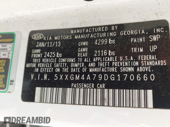 2013 Kia Optima LX z VIN 5XXGM4A79DG170660, wystawiony jako IAAI lot #42216942 z przebiegiem 210 481 mil mil oraz . Historia ofert i sprzedaży dostępna na DreamBid. Obrazek 9.