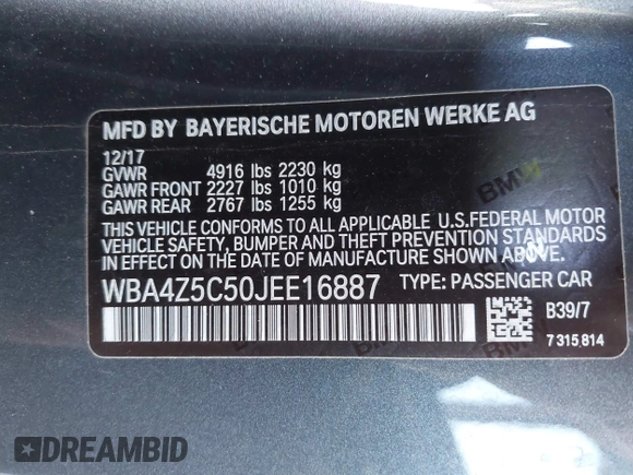 2018 BMW 4 Series 440i with VIN WBA4Z5C50JEE16887, listed as a IAAI auction lot 42218397 with 50,939 mi miles and . Bid and sale history available at DreamBid. Image 9.