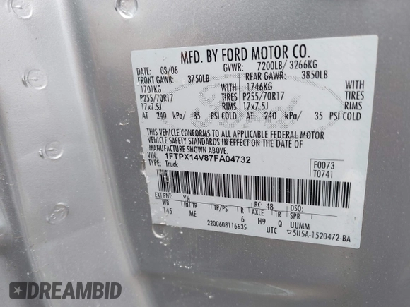 2007 Ford F-150 XLT with VIN 1FTPX14V87FA04732, listed as a IAAI auction lot 41680138 with 191,378 mi miles. Bid and sale history available at carsss.com. Image 9.