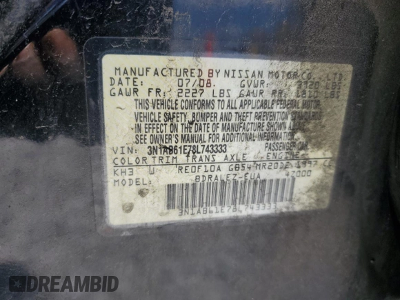 2008 Nissan Sentra S with VIN 3N1AB61E78L743333, listed as a Copart auction lot 62894105 with 103,640 mi miles and Salvage title. Bid and sale history available at DreamBid. Image 12.