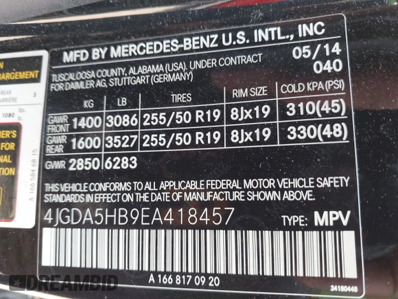 2014 Mercedes-Benz M 350 with VIN 4JGDA5HB9EA418457, listed as a IAAI auction lot 42403893 with 161,206 mi miles and . Bid and sale history available at DreamBid. Image 9.