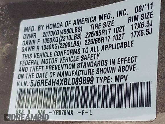 2011 Honda CR-V SE with VIN 5J6RE4H4XBL089899, listed as a IAAI auction lot 42091135 with 211,308 mi miles and . Bid and sale history available at DreamBid. Image 9.