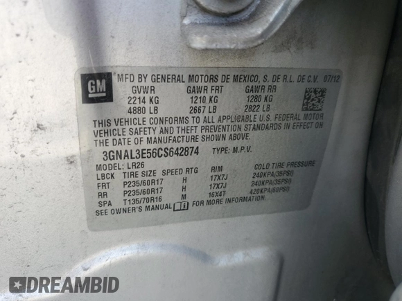 2012 Chevrolet Captiva Sport LT with VIN 3GNAL3E56CS642874, listed as a Copart auction lot 70804154 with Not Provided miles and Salvage Title. Bid and sale history available at DreamBid. Image 14.