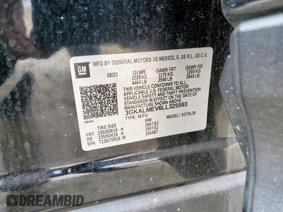 2020 GMC Terrain SLE с VIN 3GKALMEV6LL325593, выставлен на аукционе Copart как лот 58777625 с пробегом 105 859 миль миль и Списание • Salvage title. История ставок и продаж доступна на DreamBid. Изображение 14.