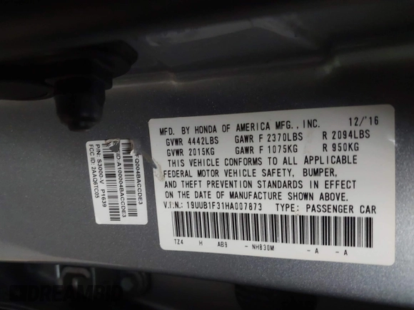 2017 Acura TLX with VIN 19UUB1F31HA007873, listed as a IAAI auction lot 42675667 with 125,869 mi miles and . Bid and sale history available at DreamBid. Image 9.