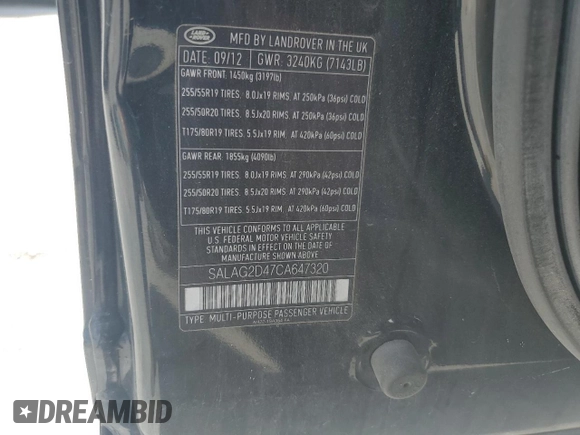 2012 Land Rover LR4 HSE with VIN SALAG2D47CA647320, listed as a Copart auction lot 62422575 with 46,463 mi miles and Clean title. Bid and sale history available at DreamBid. Image 13.