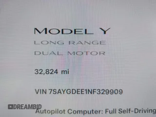 2022 Tesla Model Y Long Range with VIN 7SAYGDEE1NF329909, listed as a IAAI auction lot 41628643 with 32,824 mi miles. Bid and sale history available at carsss.com. Image 15.
