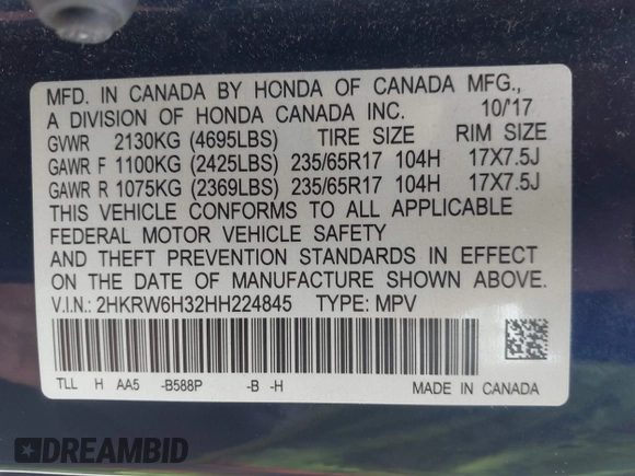 2017 Honda CR-V LX with VIN 2HKRW6H32HH224845, listed as a IAAI auction lot 41634528 with 125,771 mi miles. Bid and sale history available at carsss.com. Image 9.
