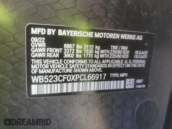 2023 BMW iX xDrive50 with VIN WB523CF0XPCL66917, listed as a Copart auction lot 46616815 with 40,505 mi miles and Salvage Title. Bid and sale history available at carsss.com. Image 12.