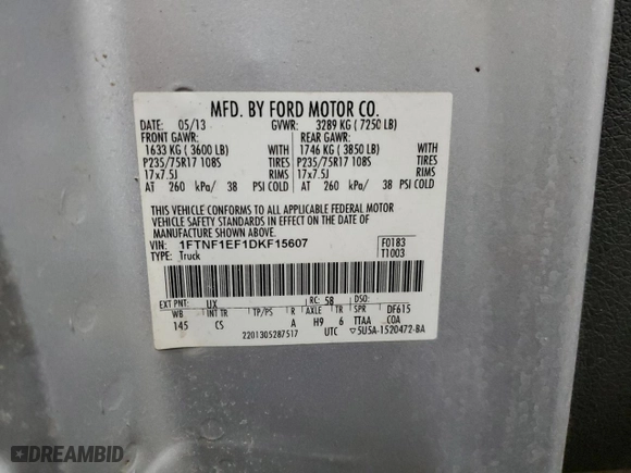 2013 Ford F-150 XL with VIN 1FTNF1EF1DKF15607, listed as a Copart auction lot 82868284 with 206,015 mi miles and Salvage Title. Bid and sale history available at carsss.com. Image 13.