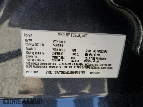2024 Tesla Model Y с VIN 7SAYGDEDXRF095167, выставлен на аукционе Copart как лот 61676245 с пробегом 12 988 миль миль и Списание • Salvage title. История ставок и продаж доступна на DreamBid. Изображение 12.