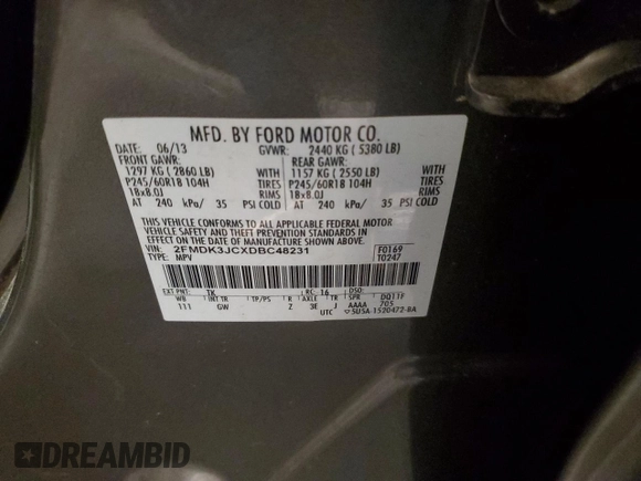 2013 Ford Edge SEL with VIN 2FMDK3JCXDBC48231, listed as a Copart auction lot 86526484 with 165,336 mi miles and Salvage Title. Bid and sale history available at carsss.com. Image 13.