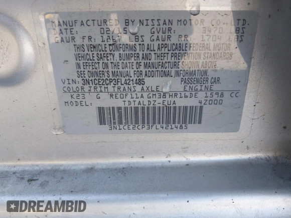 2015 Nissan Note SV with VIN 3N1CE2CP3FL421485, listed as a IAAI auction lot 42217326 with 110,525 mi miles and . Bid and sale history available at DreamBid. Image 9.