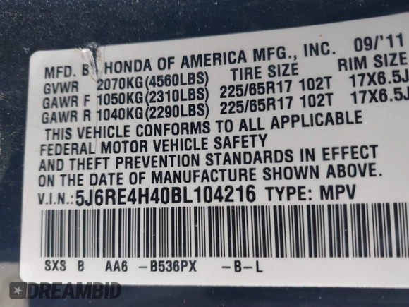 2011 Honda CR-V SE with VIN 5J6RE4H40BL104216, listed as a IAAI auction lot 41689368 with 141,129 mi miles. Bid and sale history available at carsss.com. Image 9.
