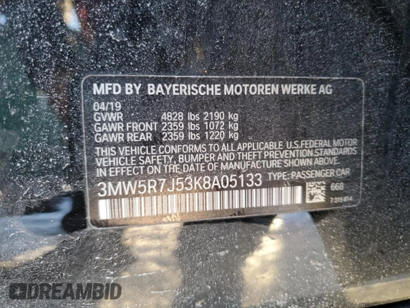 2019 BMW 3 Series 330i xDrive with VIN 3MW5R7J53K8A05133, listed as a Copart auction lot 41902745 with Not Provided miles and Salvage Title. Bid and sale history available at DreamBid. Image 12.