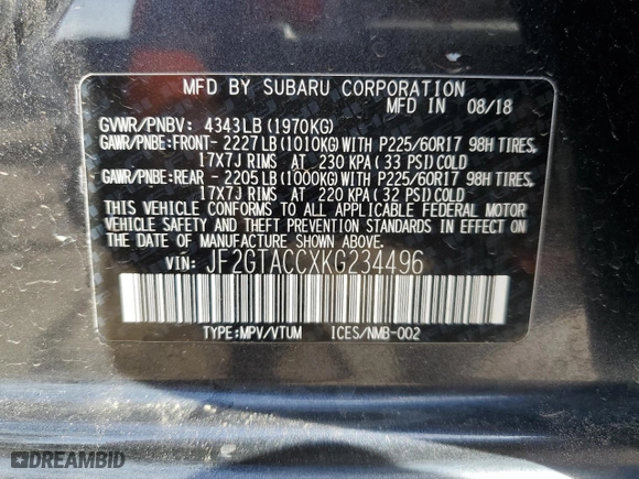 2019 Subaru Crosstrek Premium with VIN JF2GTACCXKG234496, listed as a Copart auction lot 47124865 with 51,256 mi miles and Salvage Title. Bid and sale history available at carsss.com. Image 14.