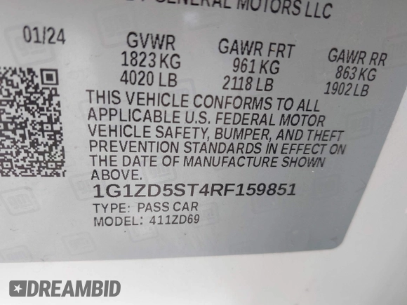 2024 Chevrolet Malibu LT with VIN 1G1ZD5ST4RF159851, listed as a IAAI auction lot 42121488 with 35,973 mi miles and . Bid and sale history available at DreamBid. Image 9.
