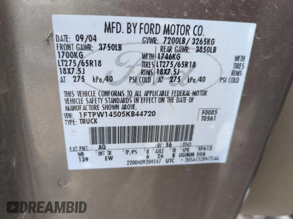 2005 Ford F-150 XLT with VIN 1FTPW14505KB44720, listed as a Copart auction lot 42206155 with 0 mi miles and Salvage Title. Bid and sale history available at carsss.com. Image 12.