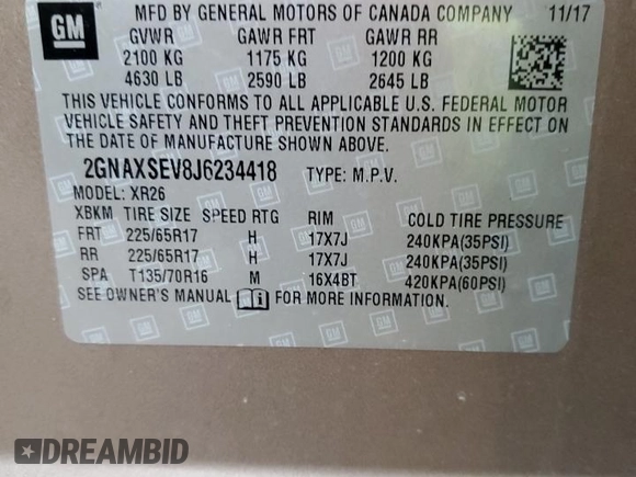 2018 Chevrolet Equinox LT with VIN 2GNAXSEV8J6234418, listed as a Copart auction lot 85531334 with 98,279 mi miles and Salvage Title. Bid and sale history available at carsss.com. Image 14.