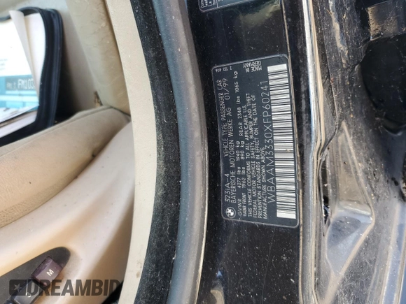 1999 BMW 3 Series 323i z VIN WBAAM3330XFP60241, wystawiony jako Copart lot #58614475 z przebiegiem 291 415 mil mil oraz Czysty tytuł • Clean title. Historia ofert i sprzedaży dostępna na DreamBid. Obrazek 12.