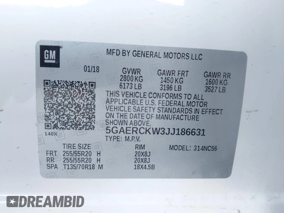 2018 Buick Enclave Premium with VIN 5GAERCKW3JJ186631, listed as a IAAI auction lot 41659387 with 114,929 mi miles. Bid and sale history available at carsss.com. Image 9.
