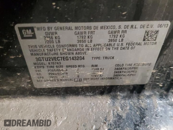 2014 GMC Sierra 1500 SLT with VIN 3GTU2VEC7EG143204, listed as a Copart auction lot 57899355 with Not provided miles and Salvage title. Bid and sale history available at DreamBid. Image 12.