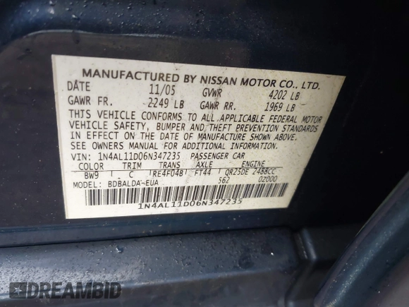 2006 Nissan Altima 2.5 with VIN 1N4AL11D06N347235, listed as a IAAI auction lot 41672148 with 141,667 mi miles. Bid and sale history available at carsss.com. Image 9.