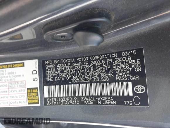 2015 Toyota Prius Two with VIN JTDZN3EU2FJ031520, listed as a IAAI auction lot 41950491 with 174,379 mi miles and . Bid and sale history available at DreamBid. Image 9.