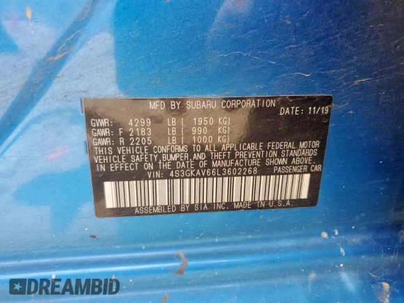 2020 Subaru Impreza Premium with VIN 4S3GKAV66L3602268, listed as a Copart auction lot 60673705 with 39,970 mi miles and Salvage title. Bid and sale history available at DreamBid. Image 12.