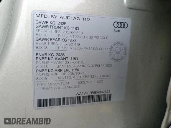 2014 Audi Q5 Premium Plus with VIN WA1VFCFP6EA062623, listed as a Copart auction lot 55485885 with 95,202 mi miles and Salvage title. Bid and sale history available at DreamBid. Image 13.