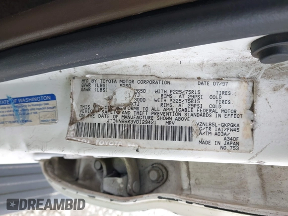 1997 Toyota 4Runner SR5 с VIN JT3HN86R3V0129421, выставлен на аукционе IAAI как лот 41999736 с пробегом 154 067 миль миль и . История ставок и продаж доступна на DreamBid. Изображение 9.